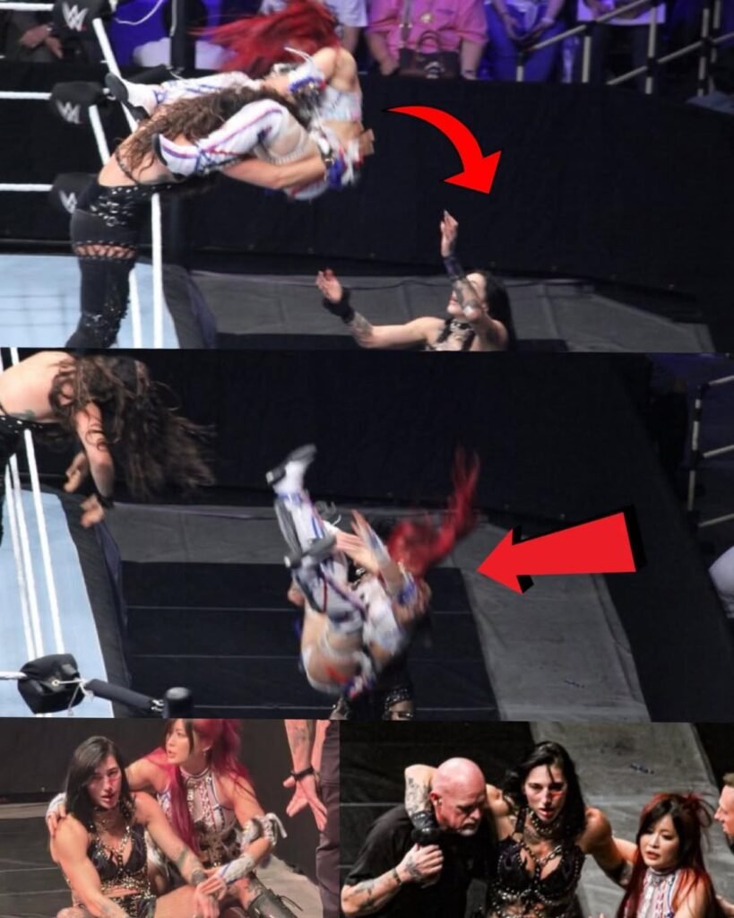 This is how Rhea’s nose was broken: Raquel threw Iyo directly to Rhea with a powerbomb. We wish her a speedy recovery